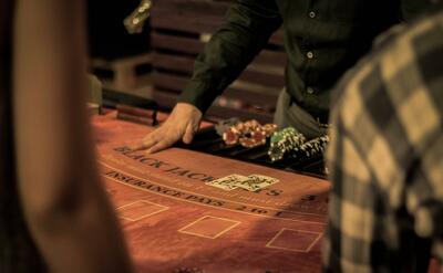 A blackjack table in an elegant casino.