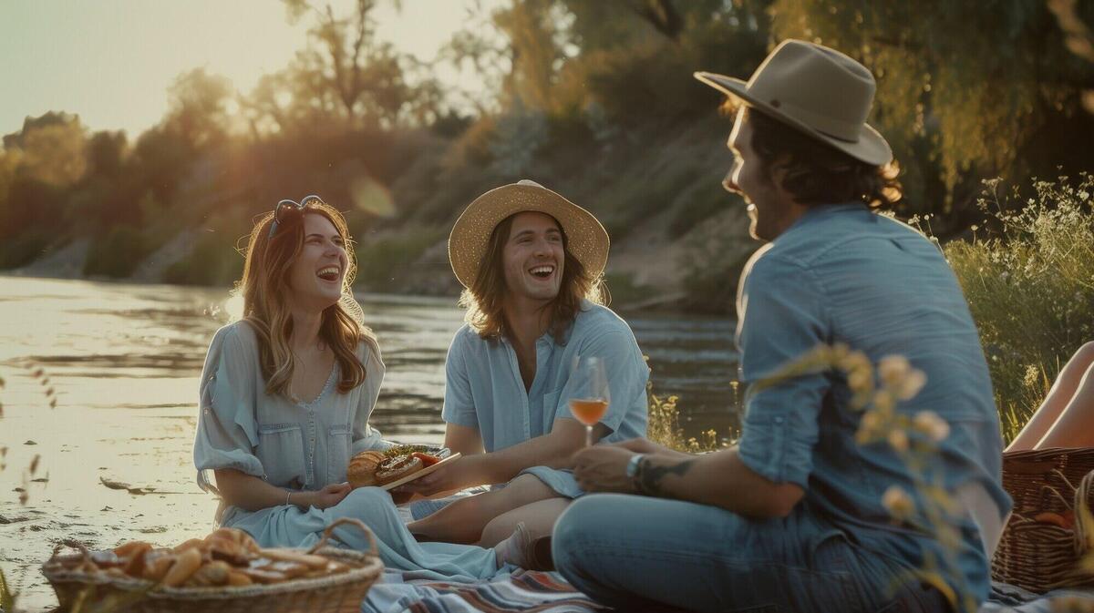 Couple enjoying a picnic together outdoors in summertime