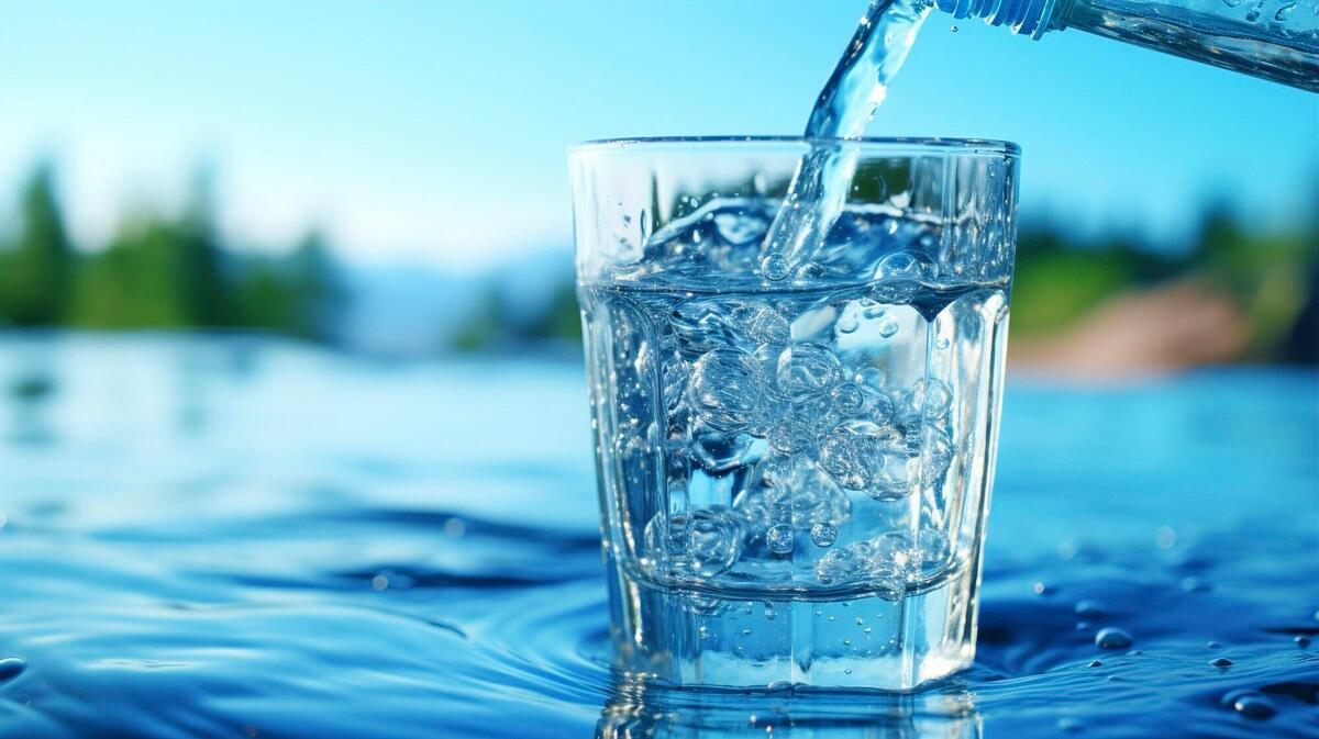 Clear water being poured from bottle in glass