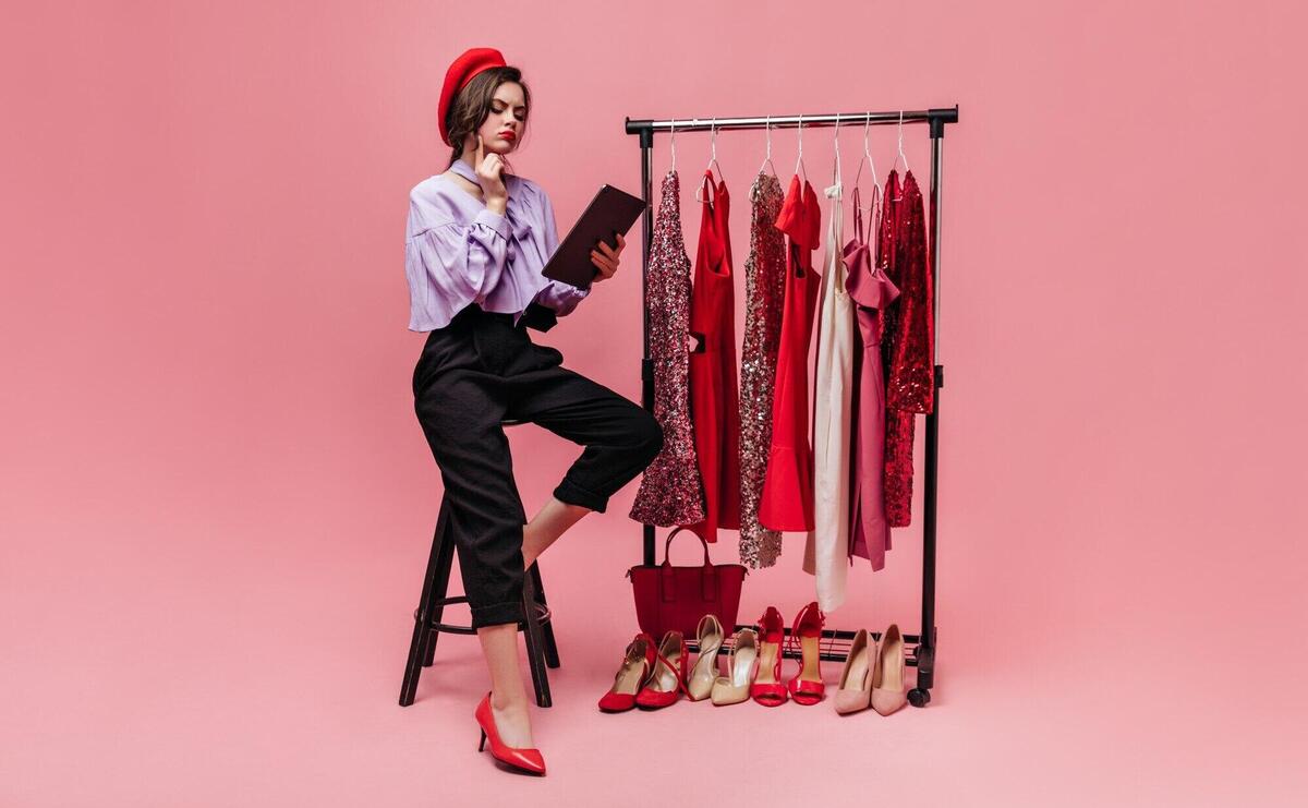 Girl in stylish outfit and red beret sits on chair and thoughtfully reads on pink background with shiny clothes and shoes.