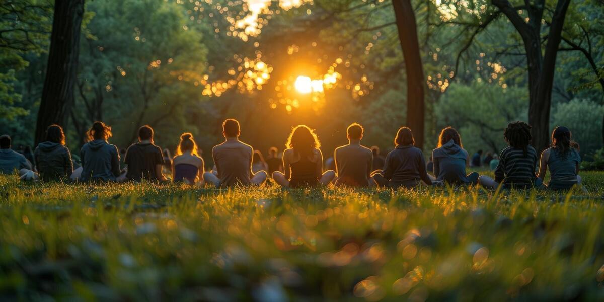 At sunset a happy group of people is seated in the grass at a park