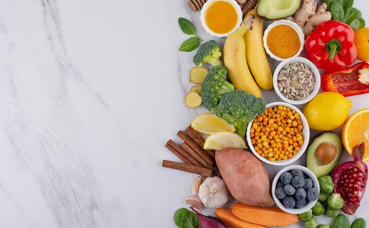 Flat lay of healthy immunity boosting foods