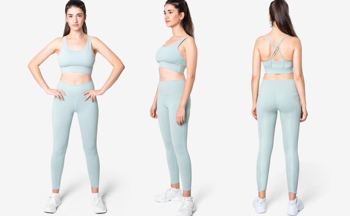 Woman in blue sports bra and leggings set