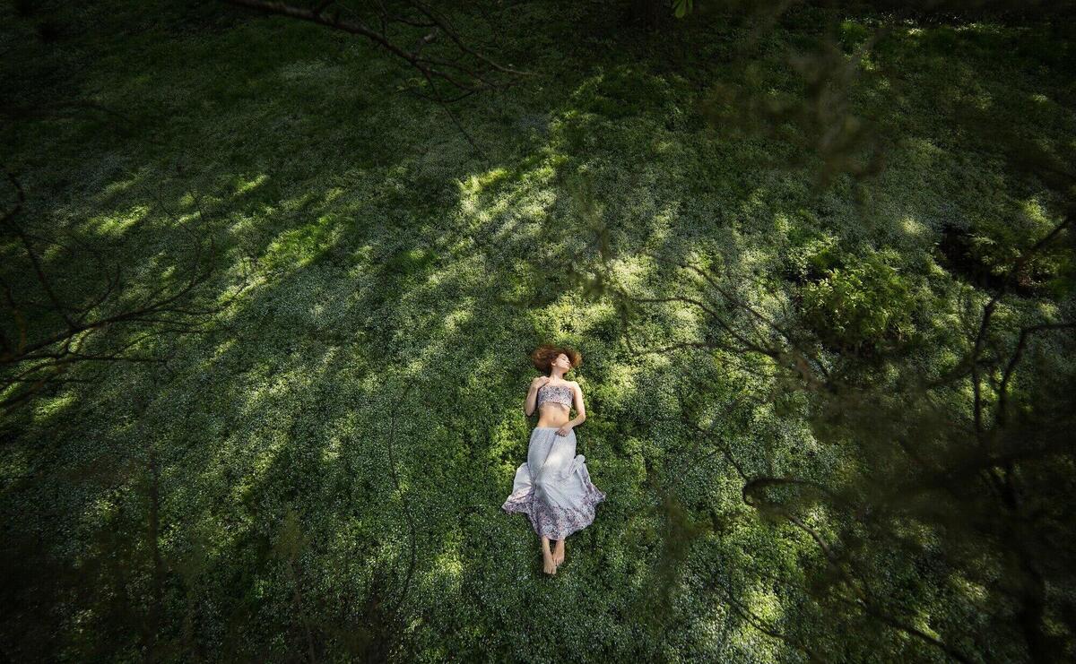 Girl in garden shooted from above