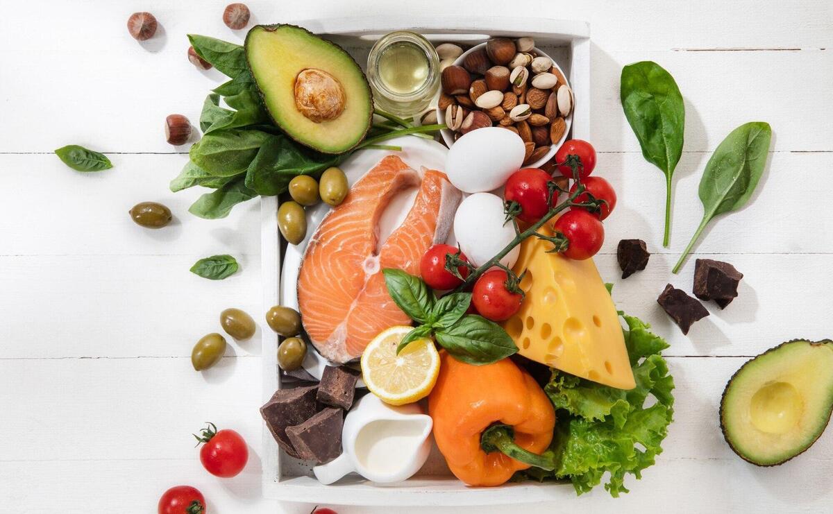 Ketogenic low carbs diet - food selection on white wall