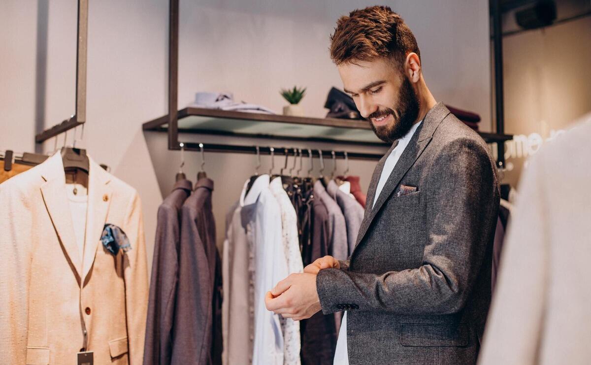 Young man choosing cloths in menswear shop