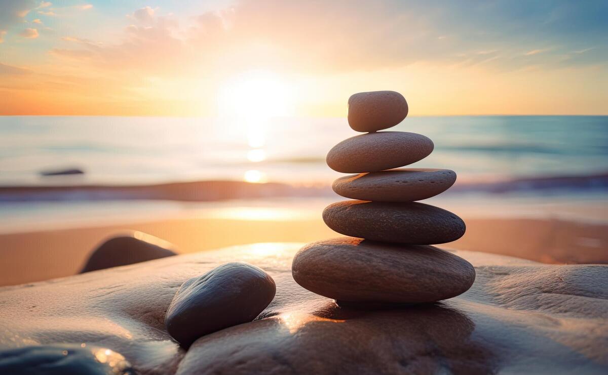 Zen stones balanced on the beach with copy space Sunrise light Meditation and relaxation Ai generative