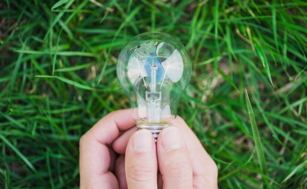 Close-up of two hands holding light bulb against green grass