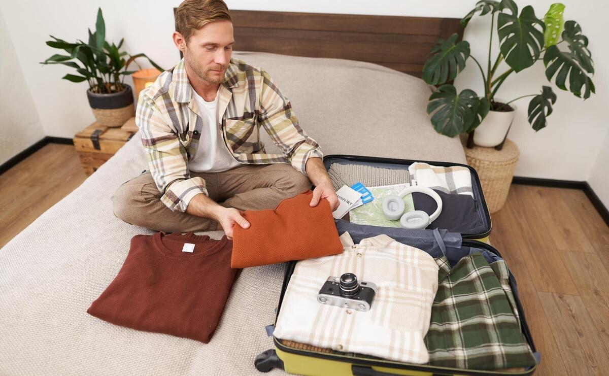 Image of young tourist man unpacking his suitcase after summer vacation guy with luggage sits on bed