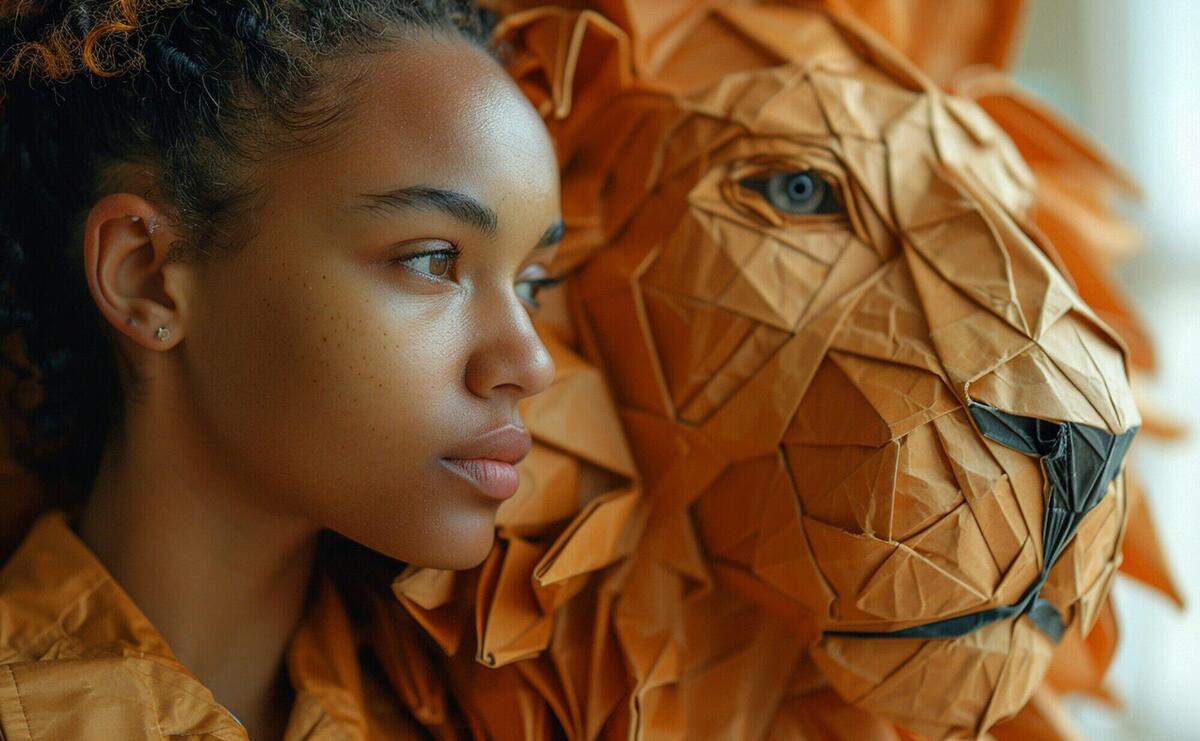 Surreal portrait of person with geometric animal representation