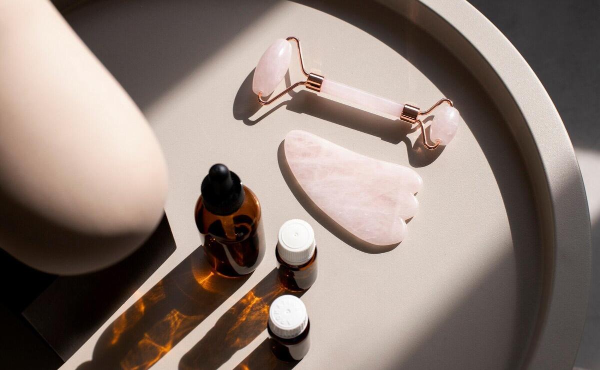 Top view on gua sha face products